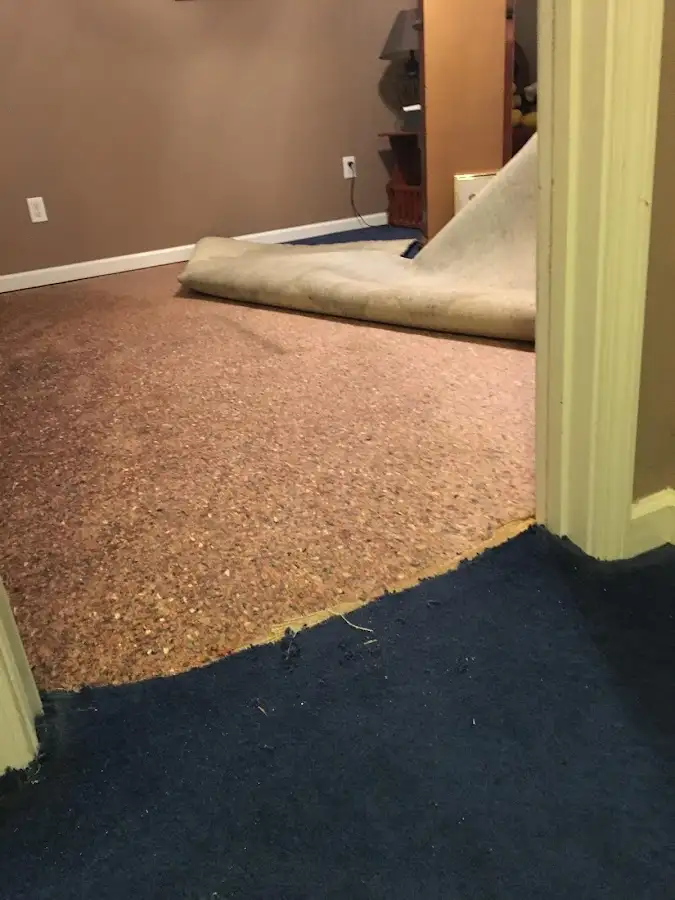 Carpet pad removal revealing water damage during Water Mitigation Services in Winnetka